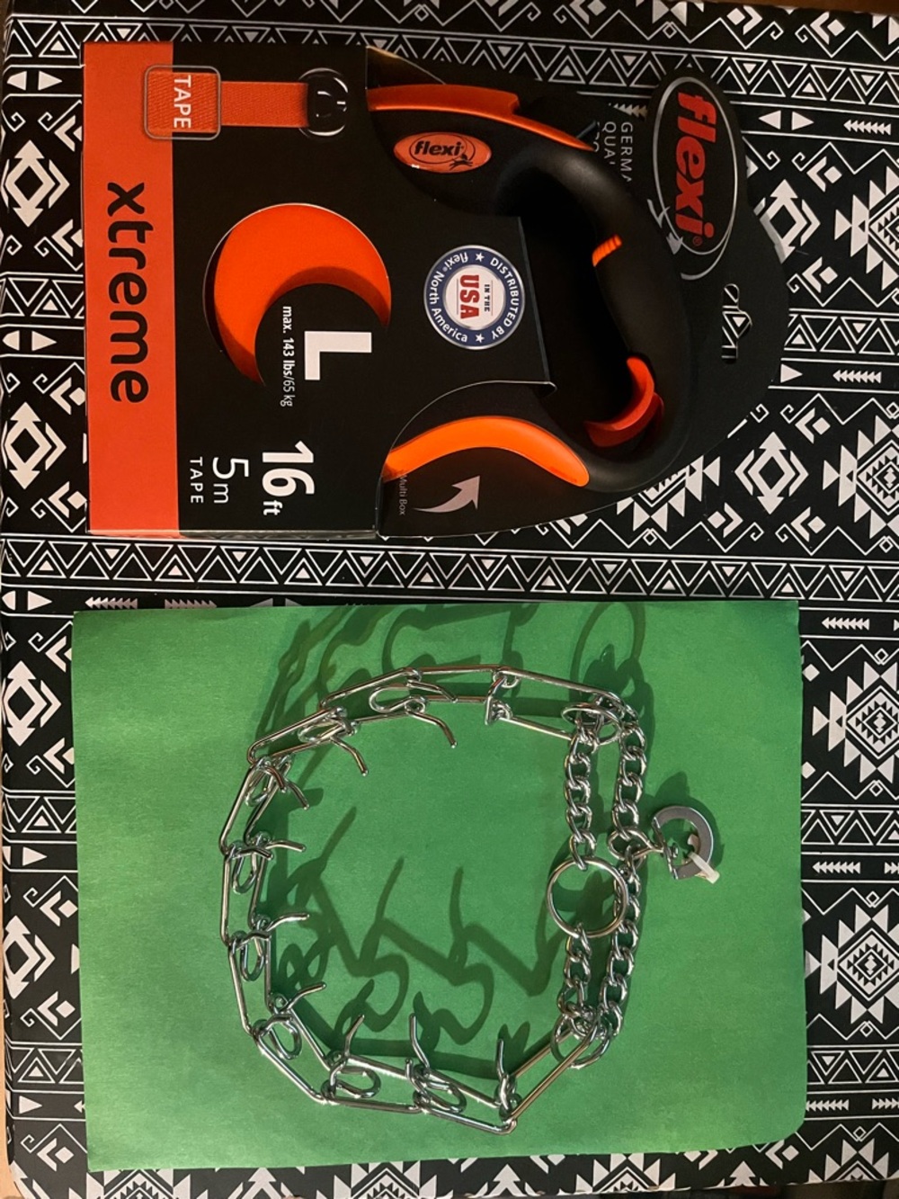 Flexi Orange & Black Retractable Tape Leash (16ft) and Prong Training collar